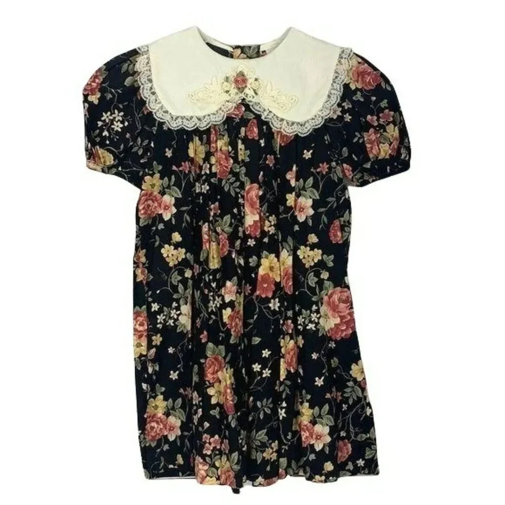 Rare Edition Black Floral Size 5 Little‎ Girl  Peasant Puff sleeve Flowers dress